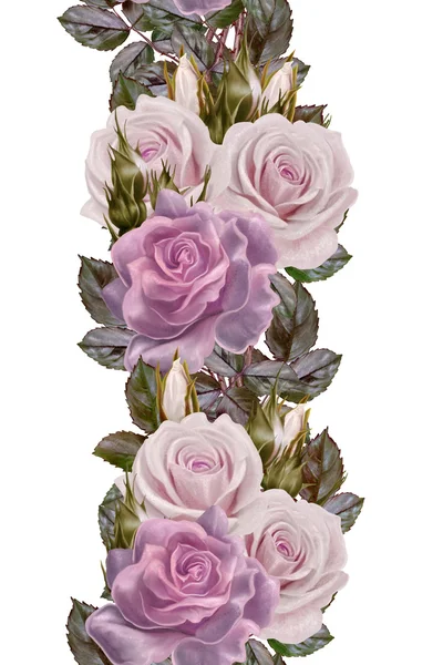 Blomma krans av rosor. Vertikal blommig kantlinje. Mönster, sömlös. Gammal stil. Isolerad på vit bakgrund — Stockfoto