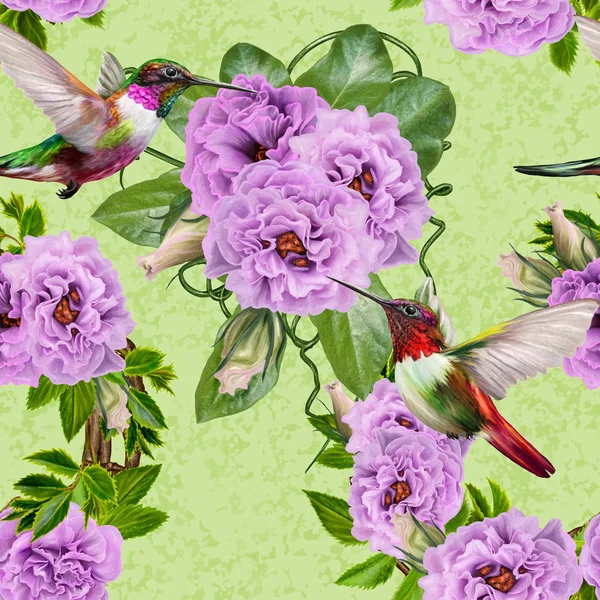 パターン、シームレス。花の背景。細かい織り、レース、モザイク。ライラックバラの花束。小さな飛ぶ鳥のハチドリ. — ストック写真