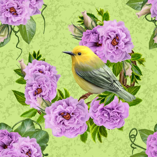 Desen, kusursuz. Çiçek arka plan. Çiçek açan leylak gül dalları bir arka plan üzerinde küçük sarı kuş. — Stok fotoğraf
