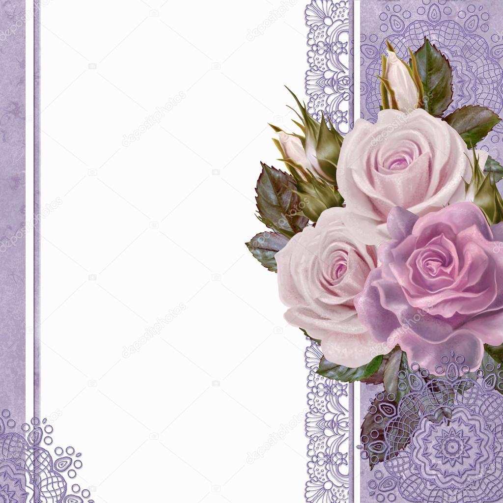 Bouquet of flowers. Arrangement of pink and pastel roses. Vintage postcard. Old style. Floral background, invitation card.
