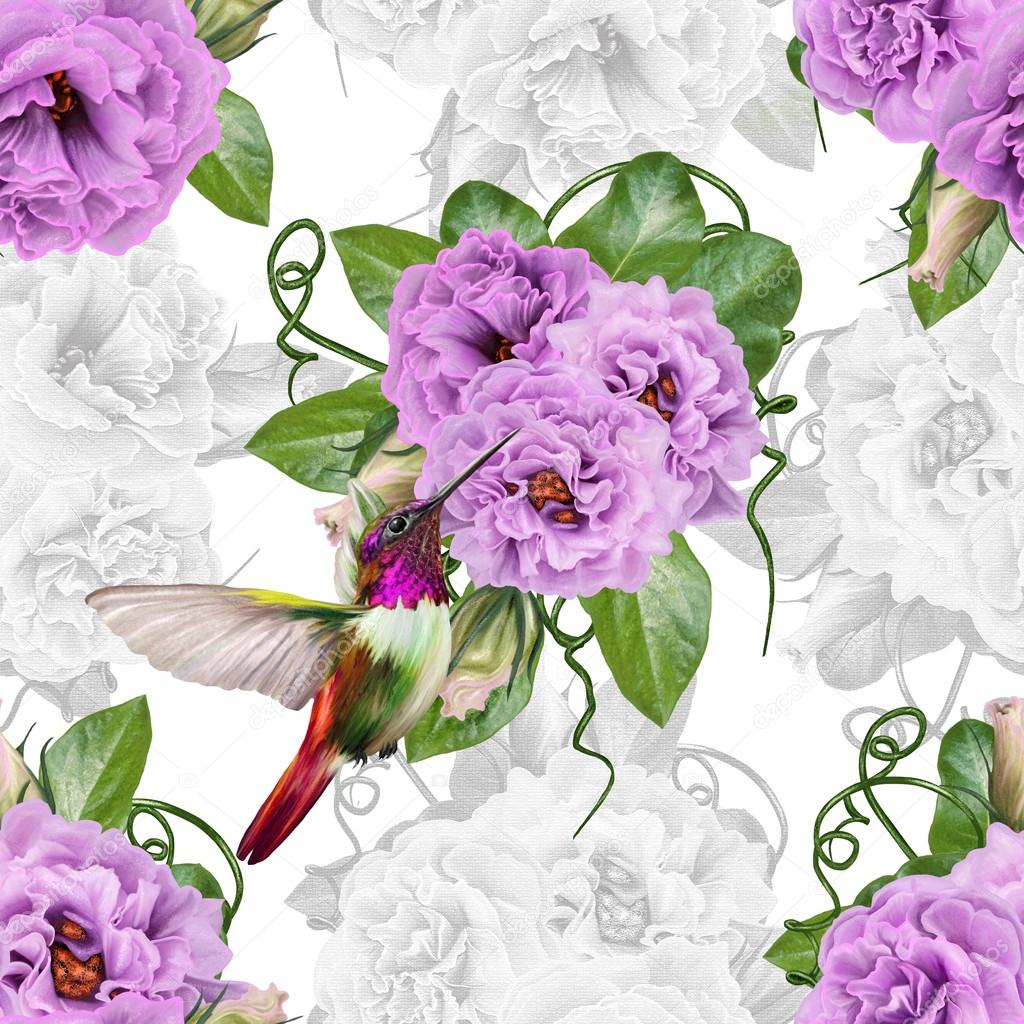 Pattern, seamless. Old style. Floral background. Fine weaving, lace, mosaic. Bouquet of flowers of lilac roses. Little flying bird hummingbirds.