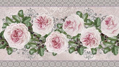 Yatay çiçek sınır. Desen, sorunsuz. Eski stil, Mozaik. Gümüş arka plan üzerinde pembe kamelya çiçek çelenk. Gümüş örgü.