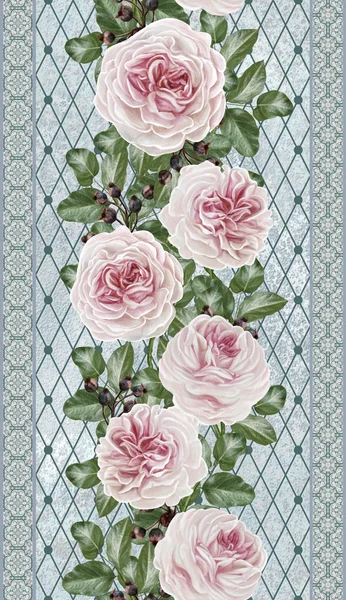 Vertikal blommig kant. Mönster, sömlös. Gammal stil, mosaik. Blomslinga av rosa kamelior på silver bakgrund. Silver weave. — Stockfoto