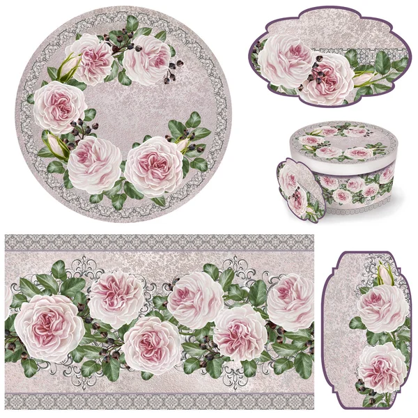 Conjunto para embalagem. Caixa redonda. Etiqueta. Decoupage. Fundo floral. Fronteira de flores. Padrão. Mosaico. Ramo de flores rosa de camélias, estilo antigo . — Fotografia de Stock