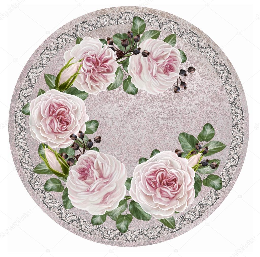 Branch of pink flowers of camellias in a circle. Painting. Round form.