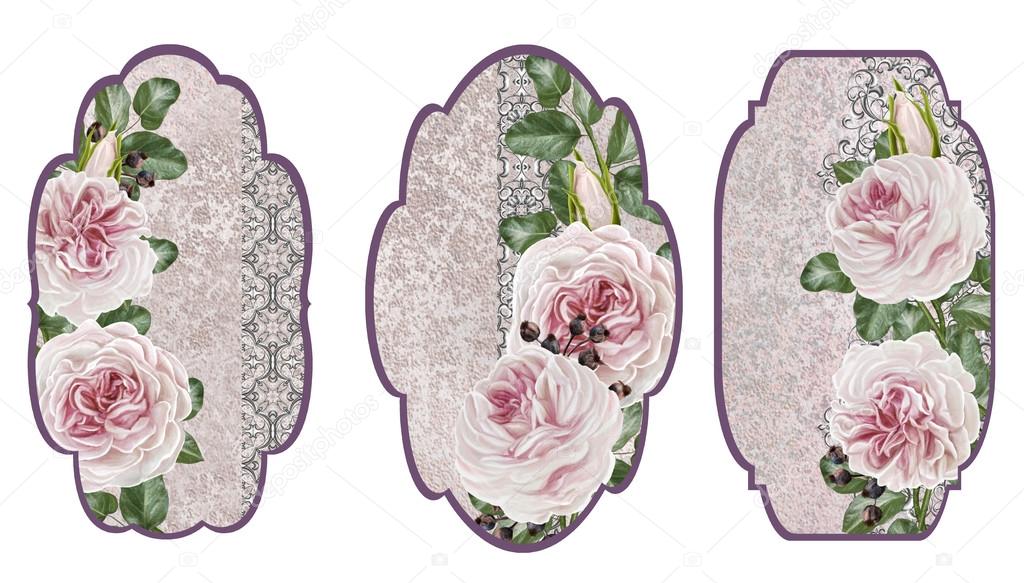 Set labels. Card, invitation, business card. Flower pattern. Branch of pink flowers of camellias, old style.