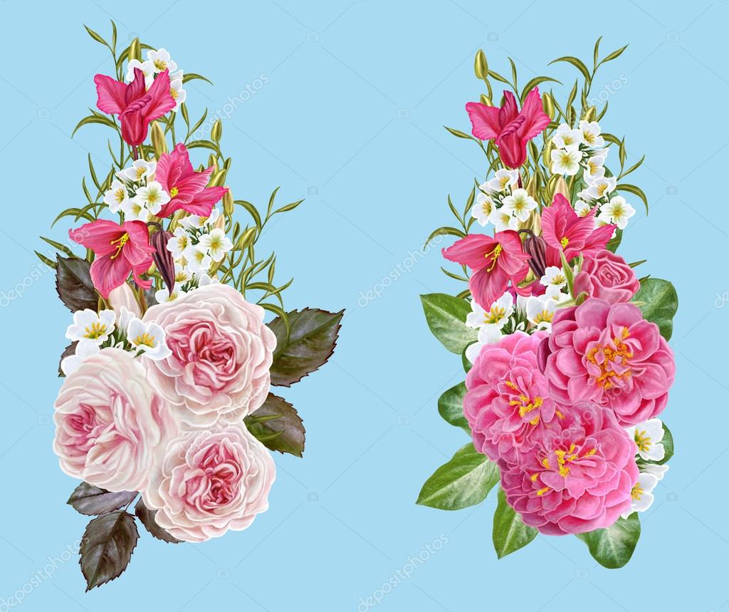 Set Bouquet Of Flowers Pink Roses Crimson Cyclamen Purple Camellia White Anemones Isolated Stock Photo C Sokolova 115971380