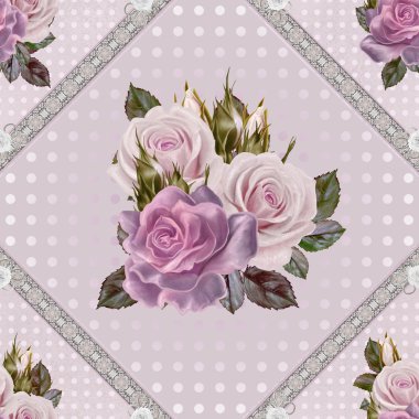 Desen, sorunsuz. Eski stil. Çiçekler ve pastel pembe gül buketi. Çiçek arka plan. Dokuma, dantel, mozaik sorun değil. Damascus süsleme