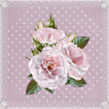 Vintage kartpostal. Eski tarz. Pastel bir arka plan, davetiye kartı üzerinde buket pembe güller. Dantel, openwork dokuma, narin çerçeve.