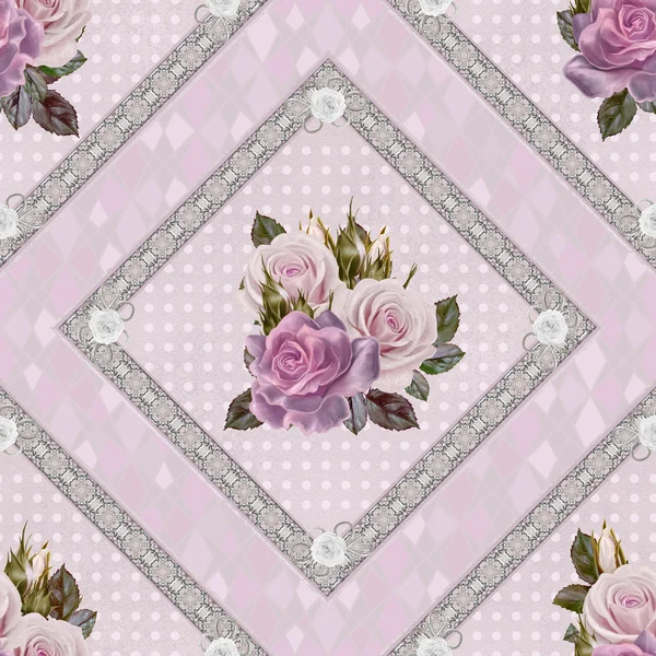 Mönster, sömlös. Gammal stil. Bukett av blommor och pastell rosa rosor. Floral bakgrund. Fina vävning, spetsar, mosaik. Damaskus prydnad — Stockfoto