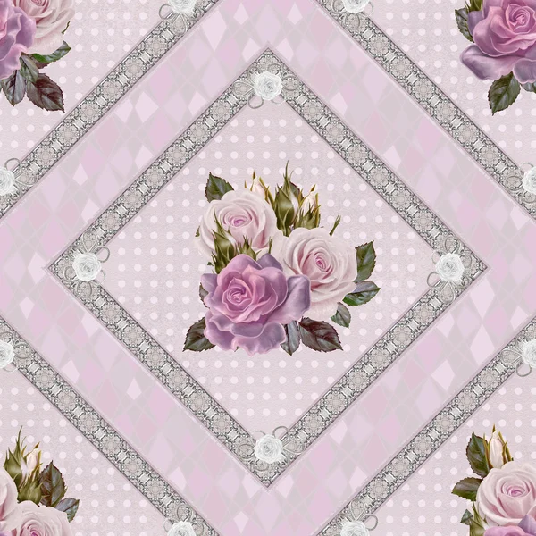 Padrão, sem costura. Velho estilo. Buquê de flores e rosas rosa pastel. Fundo floral. Bela tecelagem, renda, mosaico. Ornamento de Damasco — Fotografia de Stock