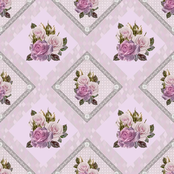 Pattern, seamless. Old style. Bouquet of flowers and pastel pink roses. Floral background. Fine weaving, lace, mosaic. Damascus ornament — Stock Photo, Image