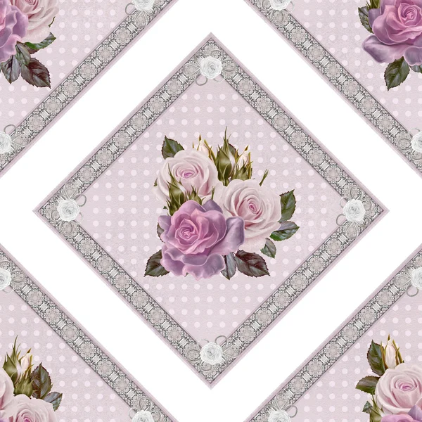 Padrão, sem costura. Velho estilo. Buquê de flores e rosas rosa pastel. Fundo floral. Bela tecelagem, renda, mosaico. Ornamento de Damasco — Fotografia de Stock