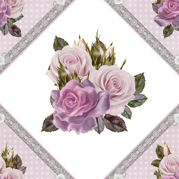 Schema, senza soluzione di continuità. Alla vecchia maniera. Bouquet di fiori e rose rosa pastello. Sfondo floreale. Tessitura fine, pizzo, mosaico. Ornamento di Damasco — Foto Stock