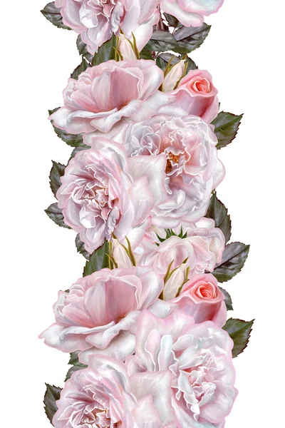 Frontera floral vertical. Patrón, sin costuras. Guirnalda de flores, ramo de rosas rosadas y lila. Aislado sobre fondo blanco — Foto de Stock