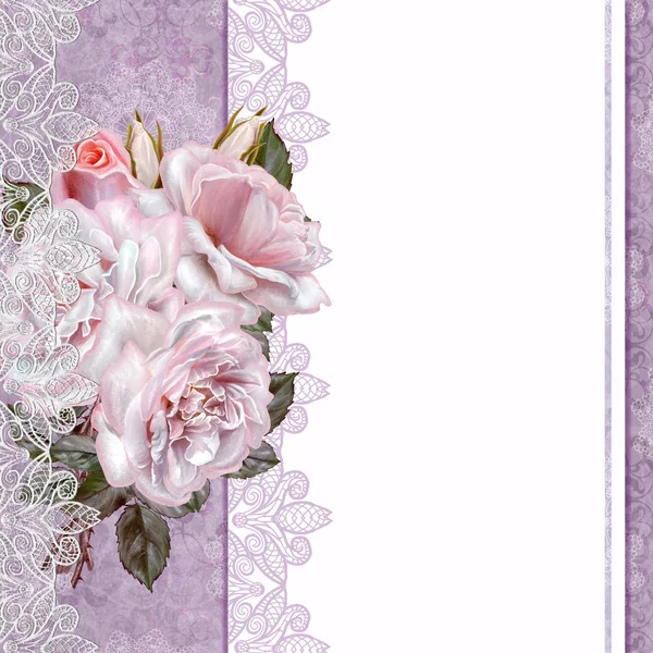 Carte postale vintage. À l'ancienne. Bouquet de roses sur fond pastel, carte d'invitation . — Photo