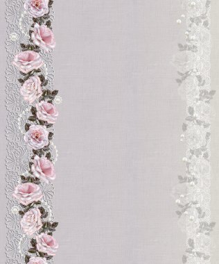 Desen, kusursuz. Eski tarz. Güzel dokuma, mozaik. Dantel, incibukleleri. Vintage arka plan. Dikey çiçek sınırı. Soluk pembe ve pastel gül ler çelenk.