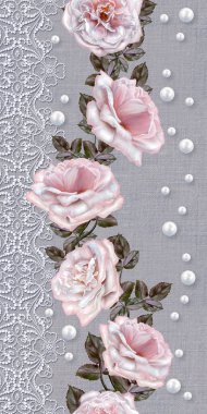 Desen, kusursuz. Eski tarz. Güzel dokuma, mozaik. Dantel, incibukleleri. Vintage arka plan. Dikey çiçek sınırı. Soluk pembe ve pastel gül ler çelenk.