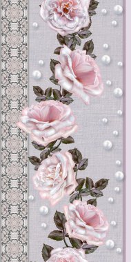 Desen, kusursuz. Eski tarz. Güzel dokuma, mozaik. Dantel, incibukleleri. Vintage arka plan. Dikey çiçek sınırı. Soluk pembe ve pastel gül ler çelenk.