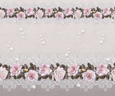 Desen, kusursuz. Eski tarz. Güzel dokuma, mozaik. Vintage arka plan. Kaba bez, çuval, openwork dantel bir arka plan üzerinde pembe ve pastel gül çiçek çelenk. 