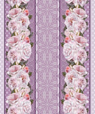 Dikey çiçek sınırı. Desen, kusursuz. Çiçek çelenk, pembe ve leylak gül buketi. Dantel ekler openwork dokuma, vintage.