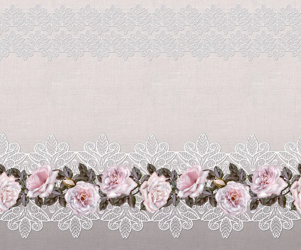 Patroon, naadloos. Oude stijl. Fijn weven, mozaïek. Vintage achtergrond. Bloem Garland van roze en pastel rozen op een achtergrond opengewerkte kant. Horizontale rand. — Stockfoto