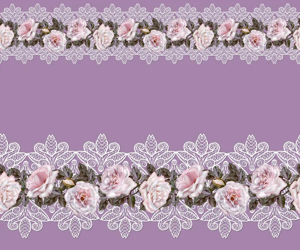 Attern, sem emenda. Velho estilo. Bela tecelagem, mosaico. Fundo vintage. Guirlanda de flor de rosa e rosas de pastel em um laço de ornamento com aberturas de fundo. Fronteira horizontal . — Fotografia de Stock