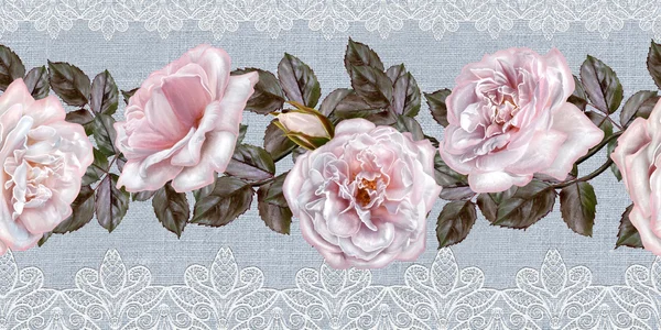 Muster, nahtlos. alten Stils. Feinweberei, Mosaik. Spitze, Locken der Perlen. vintage background.horizontal floral border.Girlande aus blassrosa und pastellfarbenen Rosen. — Stockfoto