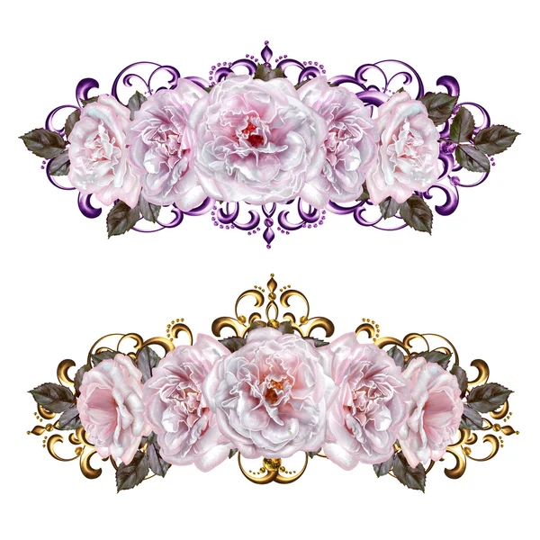 Bloem slingers van pastel roze rozen. Gouden weven, delicate samenstelling, oude stijl. Geïsoleerd. — Stockfoto