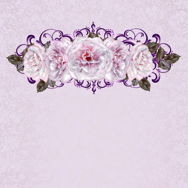 Flower garlands of pastel pink roses. Golden weaving, delicate composition, old style. Lace, openwork weaving, delicate frame. Vintage postcard. — Stock Photo, Image