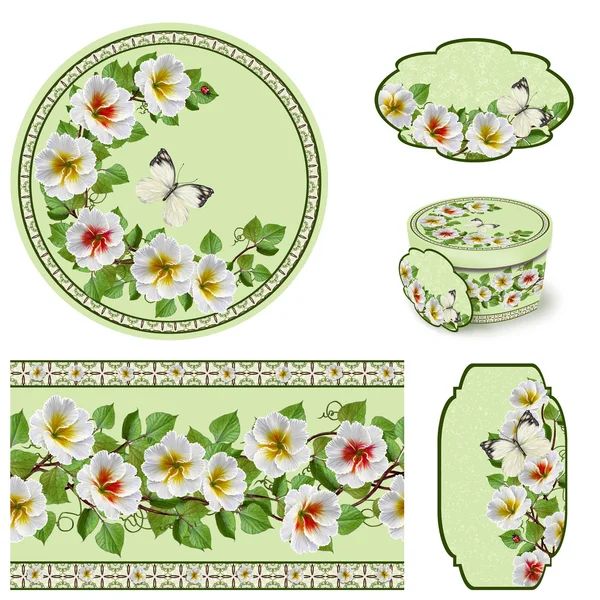 Set für Verpackungen. Box-Runde. Etikett. Entkoppelung. Floraler Hintergrund. Blumenkranz. Muster. Mosaik. Blumengirlande aus weißen Primeln. — Stockfoto