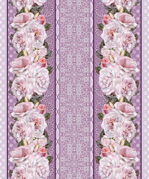 Bordure florale verticale. Motif, sans couture. Guirlande de fleurs, bouquet de roses roses et lilas. Inserts en dentelle tissage ajouré, vintage . — Photo