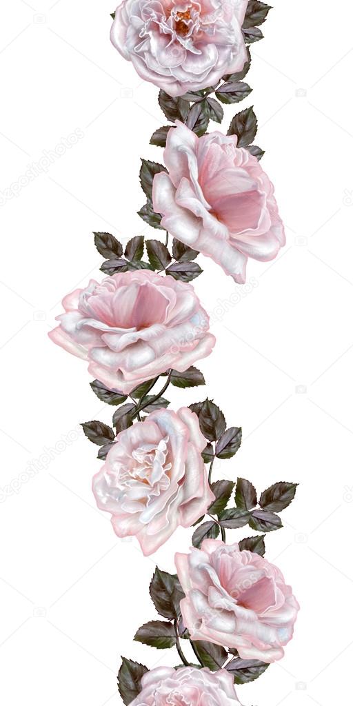 Pattern, seamless. Vertical floral border.Old style. Fine weaving, mosaic. Vintage background.Garland of pale pink and pastel roses. Isolated.