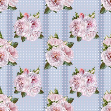 Desen, sorunsuz. Eski stil. Çiçekler ve pastel pembe gül buketi. Çiçek arka plan. Dokuma, dantel, mozaik sorun değil. Damascus süsleme