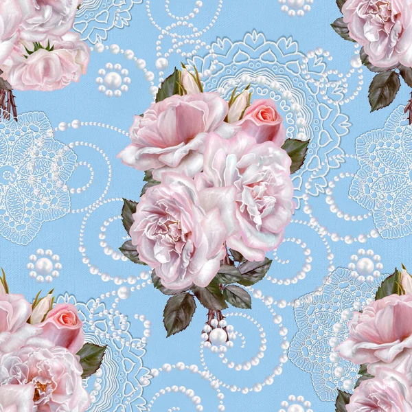 シームレス パターン。元のスタイル。細かい織り、モザイク。ダマスカスの飾り。花の花束。ピンクのバラ、パステル カラー、白。レース、真珠のカールです。ビンテージ背景. — ストック写真