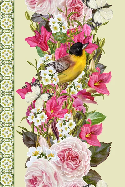 Vertical floral border. Pattern, seamless. Flower garland of roses, pink camellias, cyclamen purple, white inflorescences. Little yellow bird and white butterflies. — Stock Photo, Image