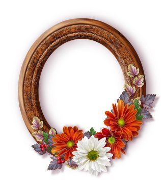 Oval ahşap resim çerçevesi. Buket kırmızı krizantem. Çiçek kompozisyonu. Vintage tarzı. Izole.