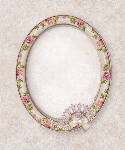 Ovale fotolijstjes. Bloem samenstelling. Opengewerkte kant weven van parels. Vintage pastel rozen. Oude stijl. — Stockfoto
