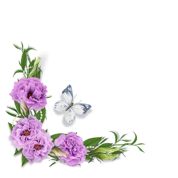 Kompozisyon köşe çiçek çelenk narin leylak eustoma, gül, beyaz bir arka plan üzerinde beyaz kelebek, izole. — Stok fotoğraf