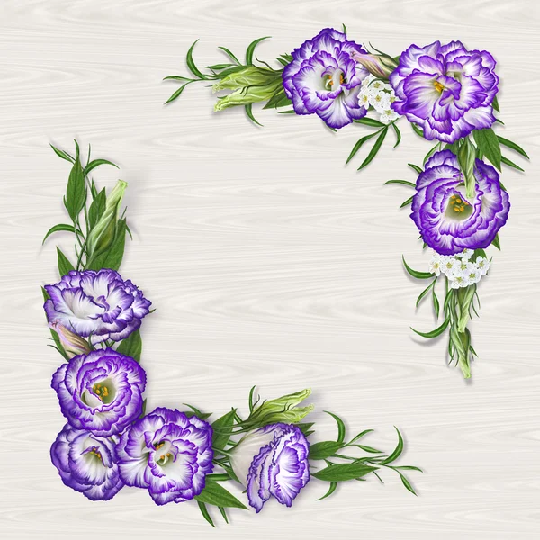 Куточок. Композиція еустома фіолетова, троянда на світлому дерев'яному фоні текстури. Фоторамка . — стокове фото