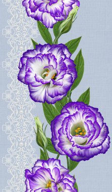 Desen, kusursuz. Dikey çiçek sınırı. çiçek eustoma mor bir buket kompozisyon. İrlanda gülü, lisianthus. Dantel, openwork dokuma, inci, boncuk.