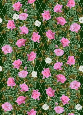 Desen, kusursuz. Eski tarz. Çiçek buketi ve pastel pembe güller. Çiçek arka plan. Dantel, açık iş donu.