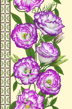 Desen, kusursuz. Dikey çiçek sınırı. çiçek eustoma mor bir buket kompozisyon.