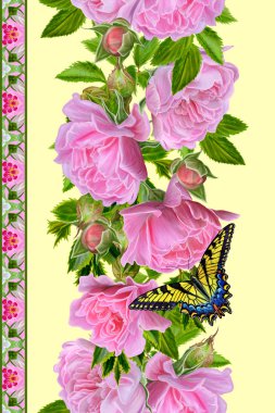 Desen, kusursuz. Eski tarz. Güzel dokuma, mozaik. Vintage arka plan. Dikey çiçek sınırı. Soluk pembe güller çelenk.