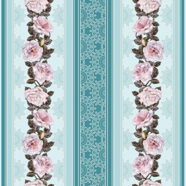 Dikey çiçek sınırı. Desen, kusursuz. Çiçek çelenk, pembe ve leylak gül buketi. Dantel ekler openwork dokuma, vintage.