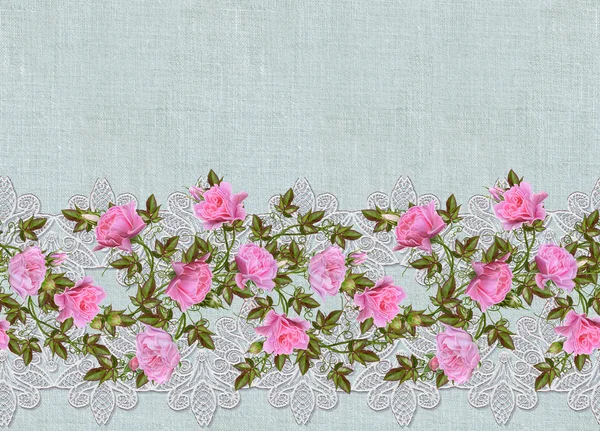 Pattern, seamless. Old style. Fine weaving, mosaic. Vintage background. Flower garland of pink and pastel roses. Horizontal border. — Stock Photo, Image