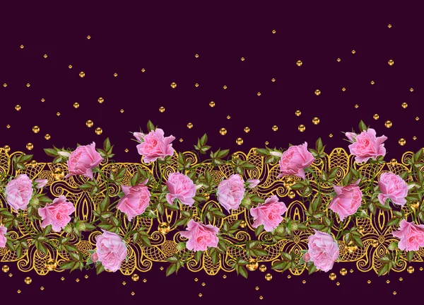 Muster, nahtlos. alten Stils. Feinweberei, Mosaik. Vintage-Hintergrund. Blumengirlanden aus rosa und pastellfarbenen Rosen. horizontale Grenze. — Stockfoto