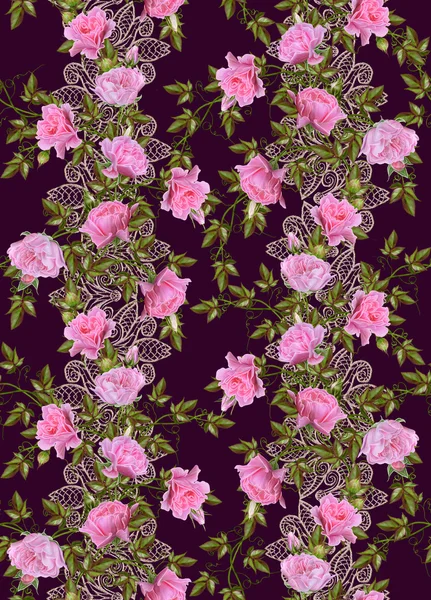 图案，无缝。旧风格。花束和柔和的粉红色玫瑰。花卉背景。蕾丝，开放式编织. — 图库照片