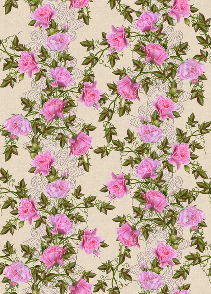 Padrão, sem costura. Velho estilo. Buquê de flores e rosas rosa pastel. Fundo floral. Laço, tecelagem a céu aberto . — Fotografia de Stock
