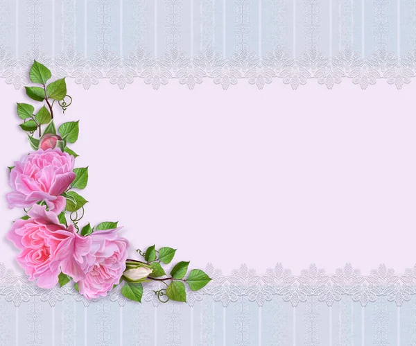 Vintage postcard. Old style, invitation card. Lace, openwork weaving, delicate frame. Bouquet of pink roses and green leaves. Floral background — Stock Photo, Image